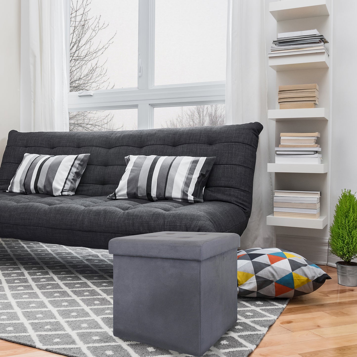 Coffre Pouf Pliable Suedine Gris Fonce