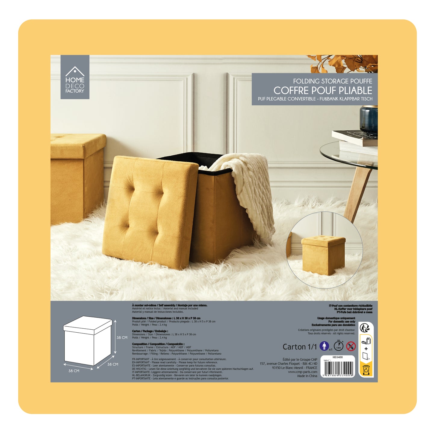 Coffre Pouf Pliable Suedine Jaune