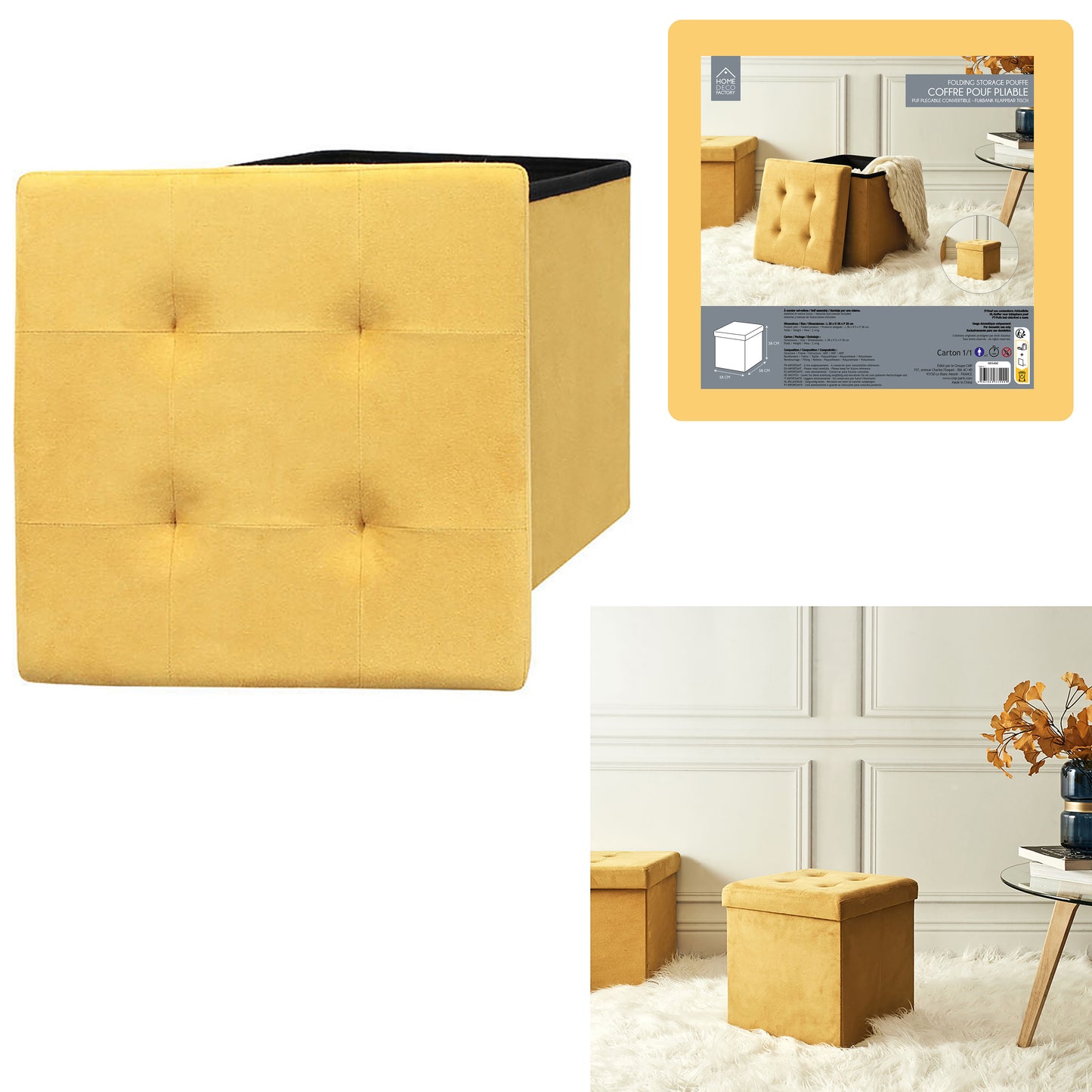 Coffre Pouf Pliable Suedine Jaune