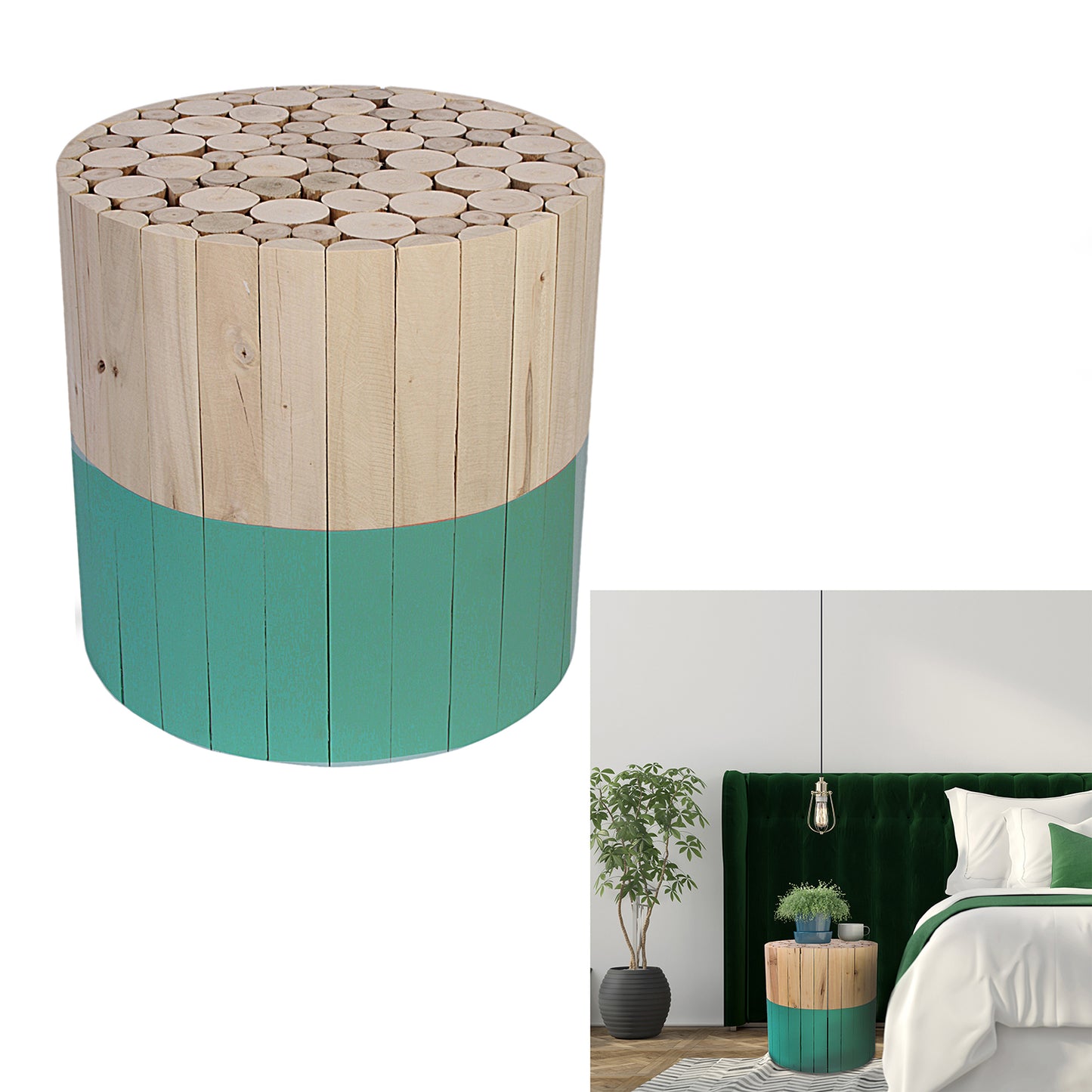 Tabouret Bicolore Rond Bois Brut Et Vert