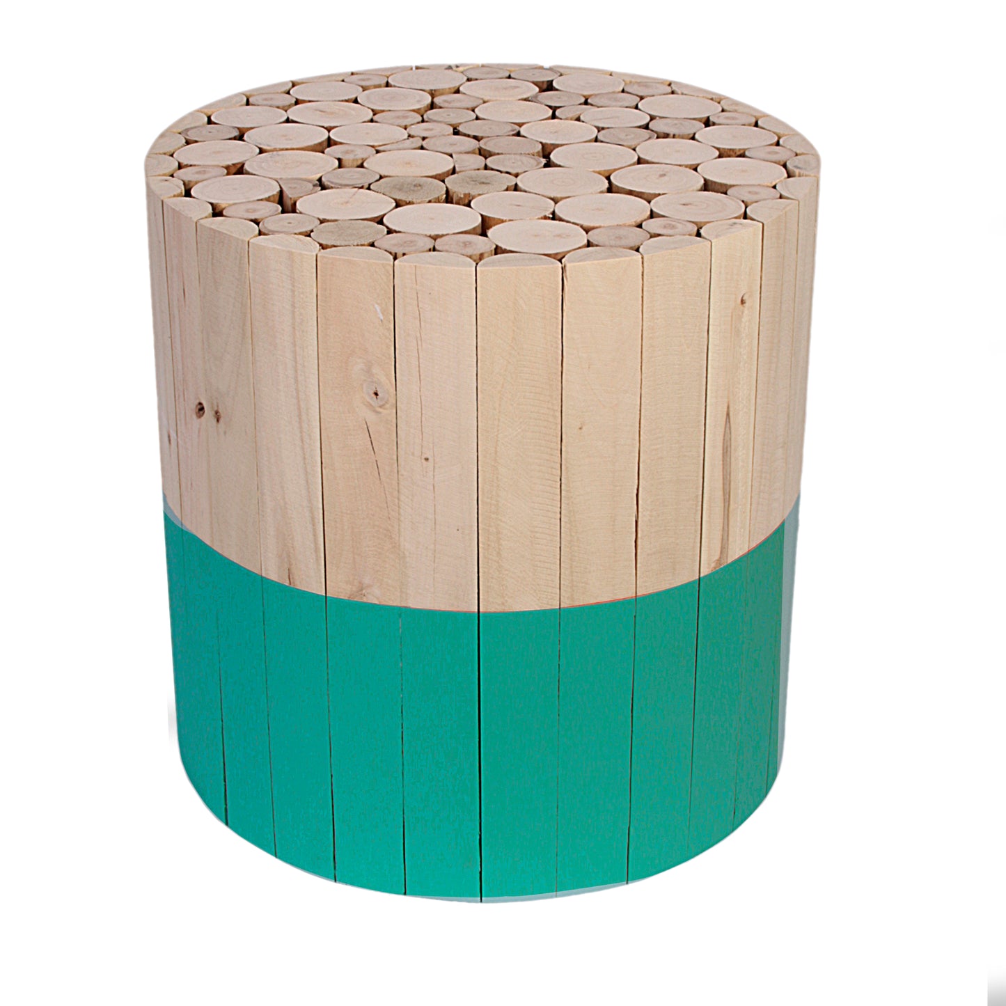Tabouret Bicolore Rond Bois Brut Et Vert
