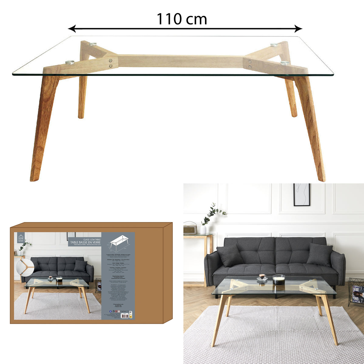Table Rectangulaire En Verre 110X60X45Cm
