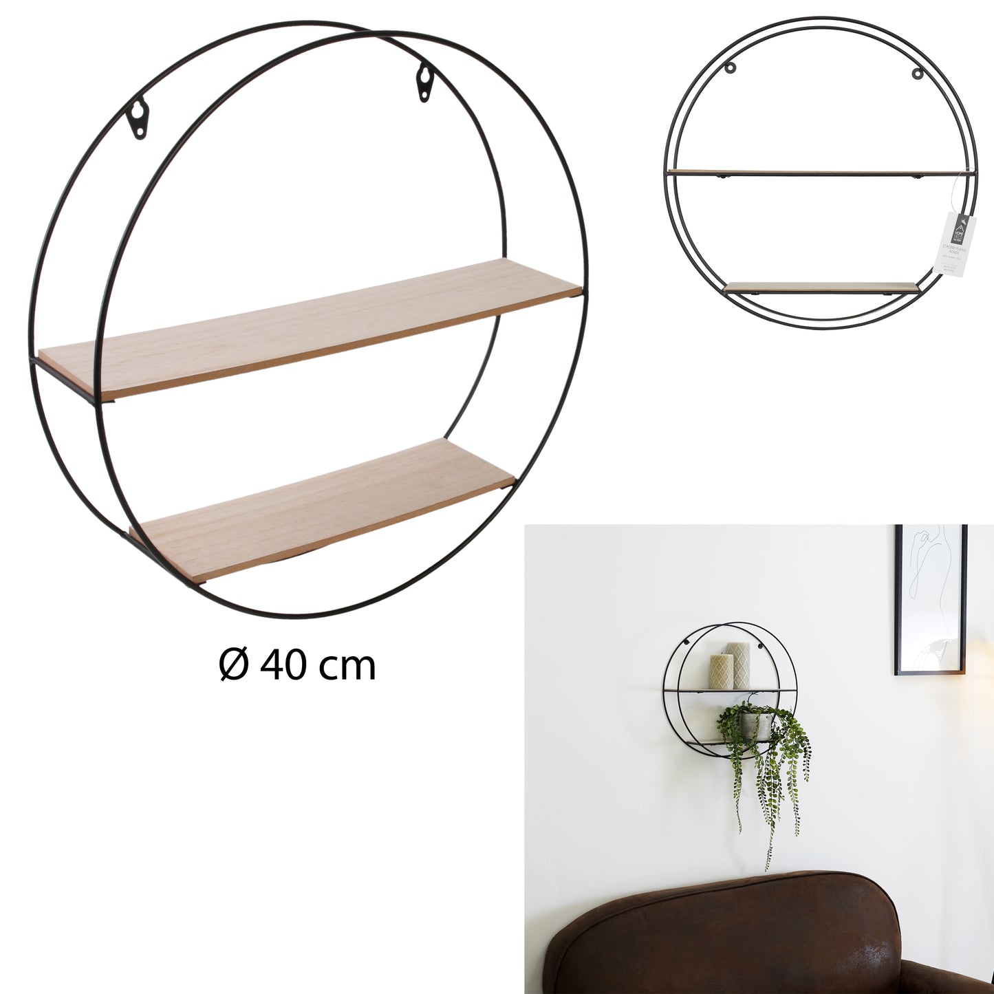 Etagere Bois Metal Rond 40X10X40Cm