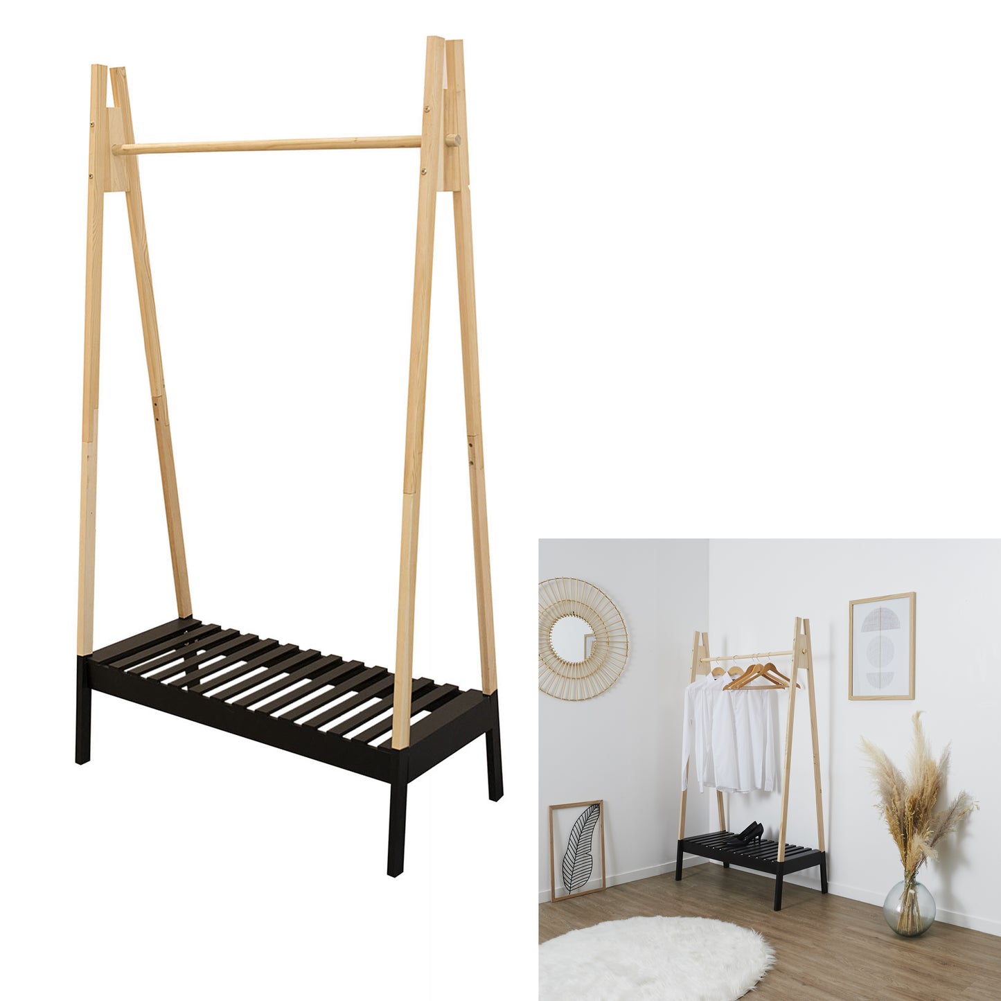 Portant A Vetements Bois Noir 100X46X170Cm