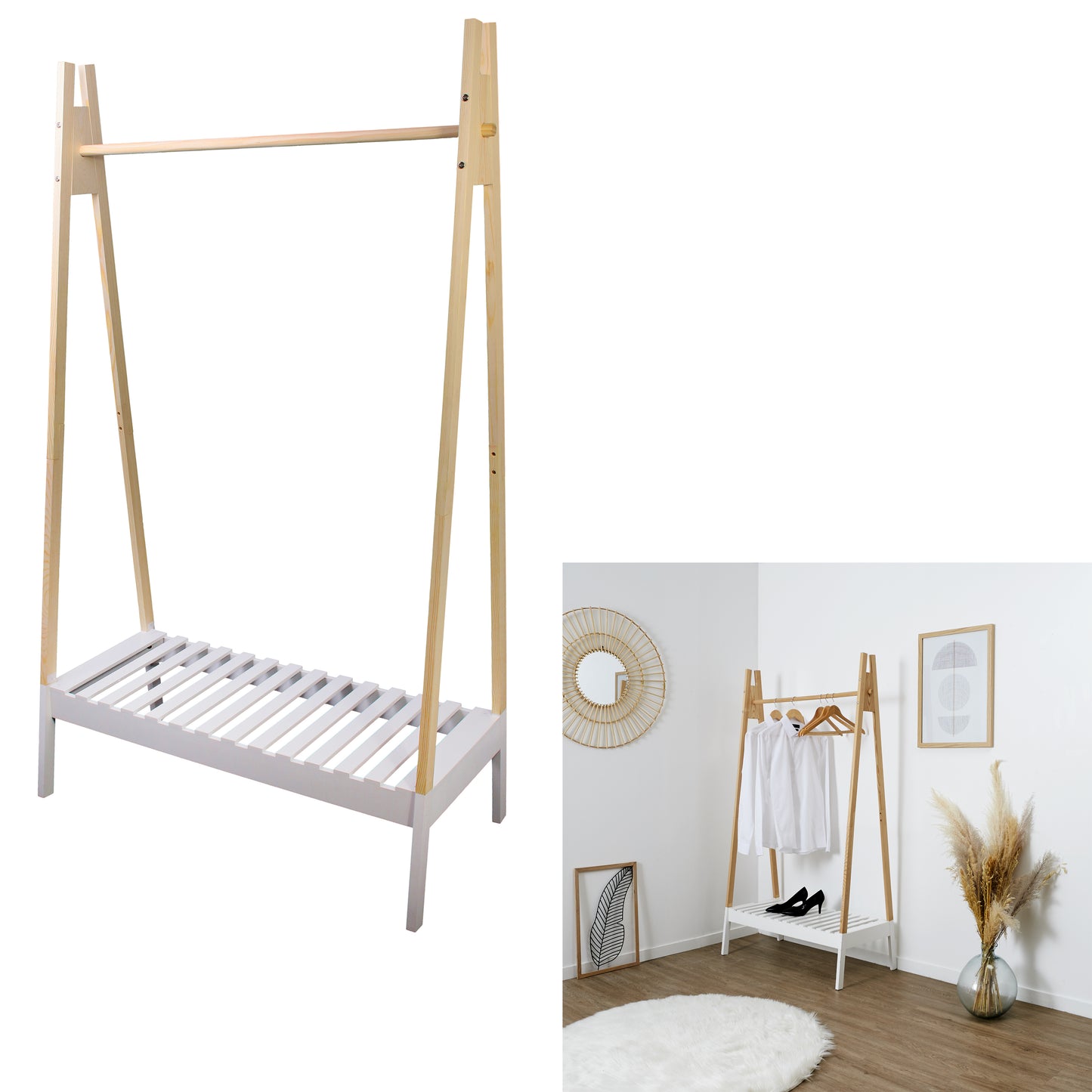 Portant A Vetements Bois Blanc 100X46X170Cm