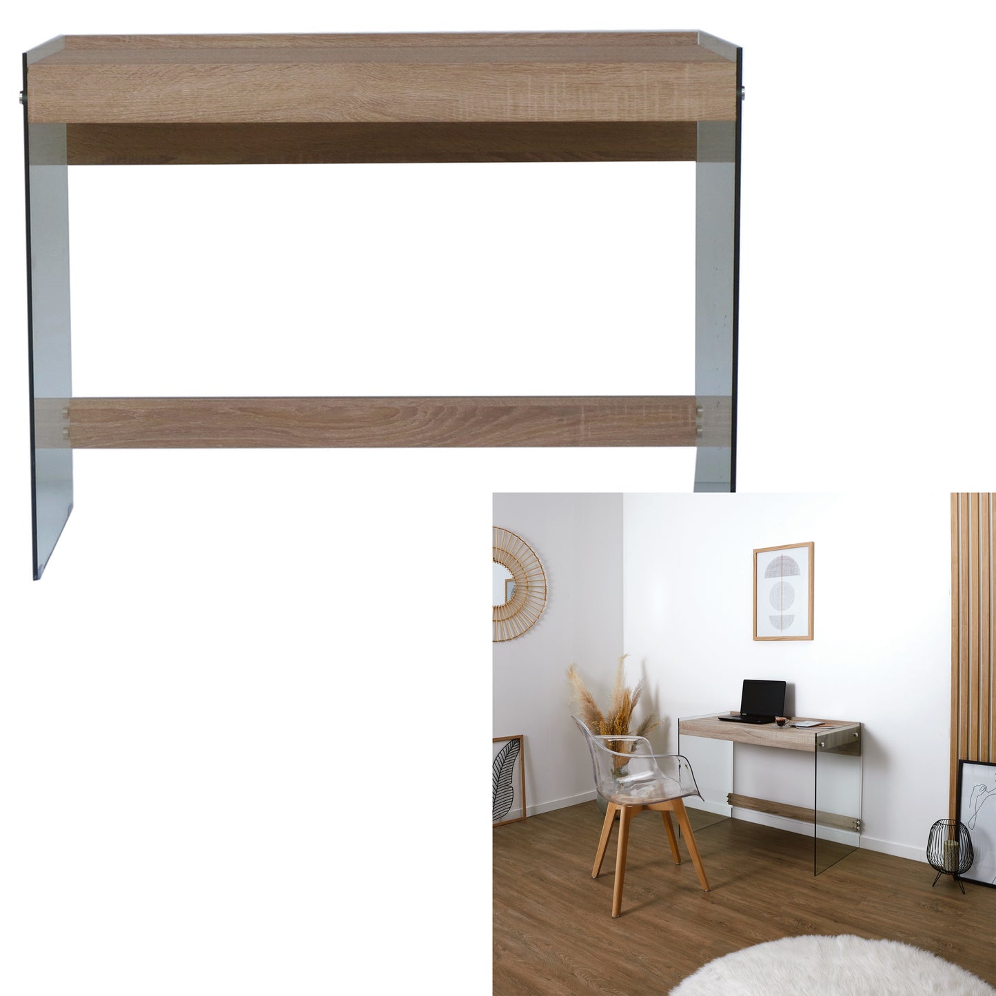 Bureau Plateau Bois Et Parois Verre 100X50X74Cm