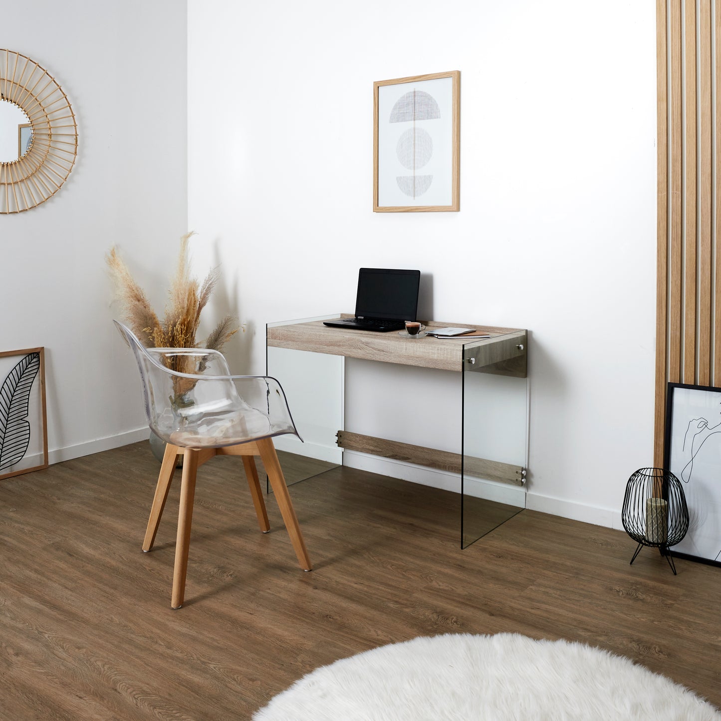 Bureau Plateau Bois Et Parois Verre 100X50X74Cm