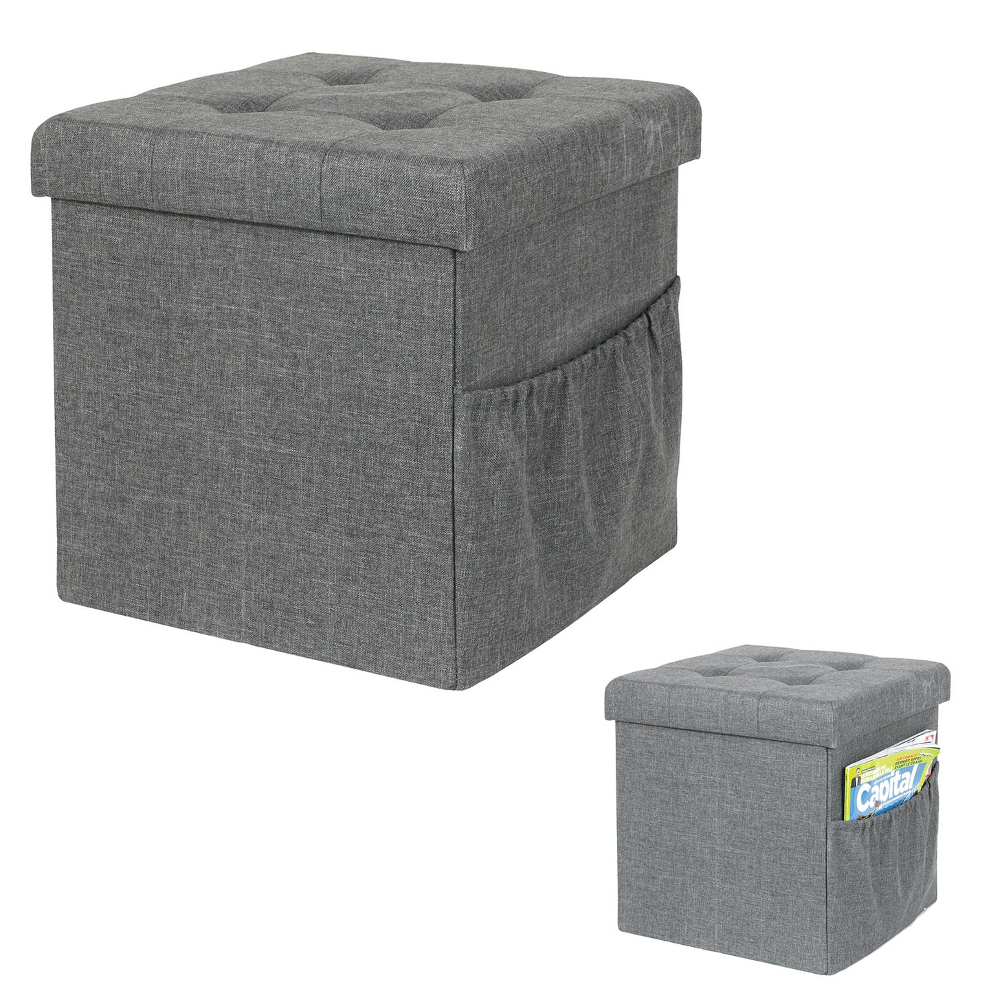 Coffre Pouf Pliable Tissu Gris Fonce