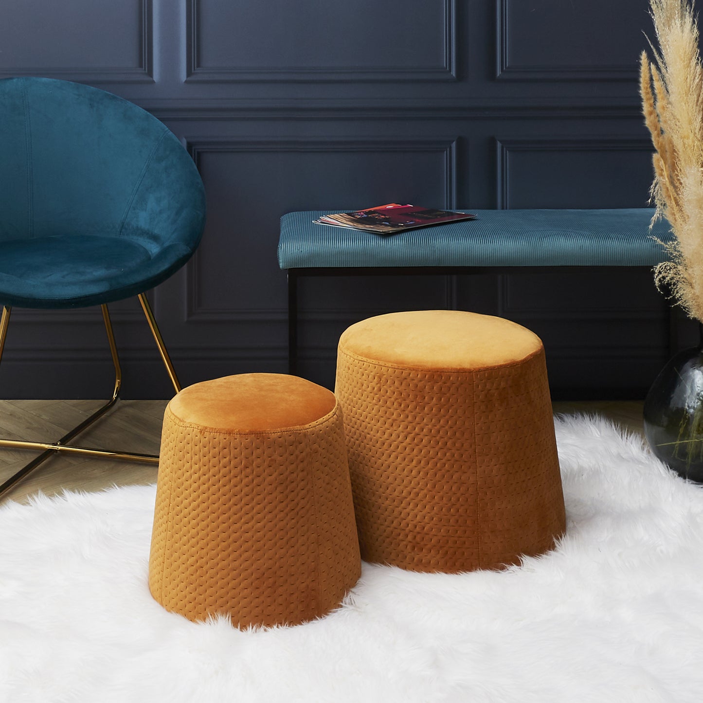 Pouf Gigogne Velours A Motif Ocre X2