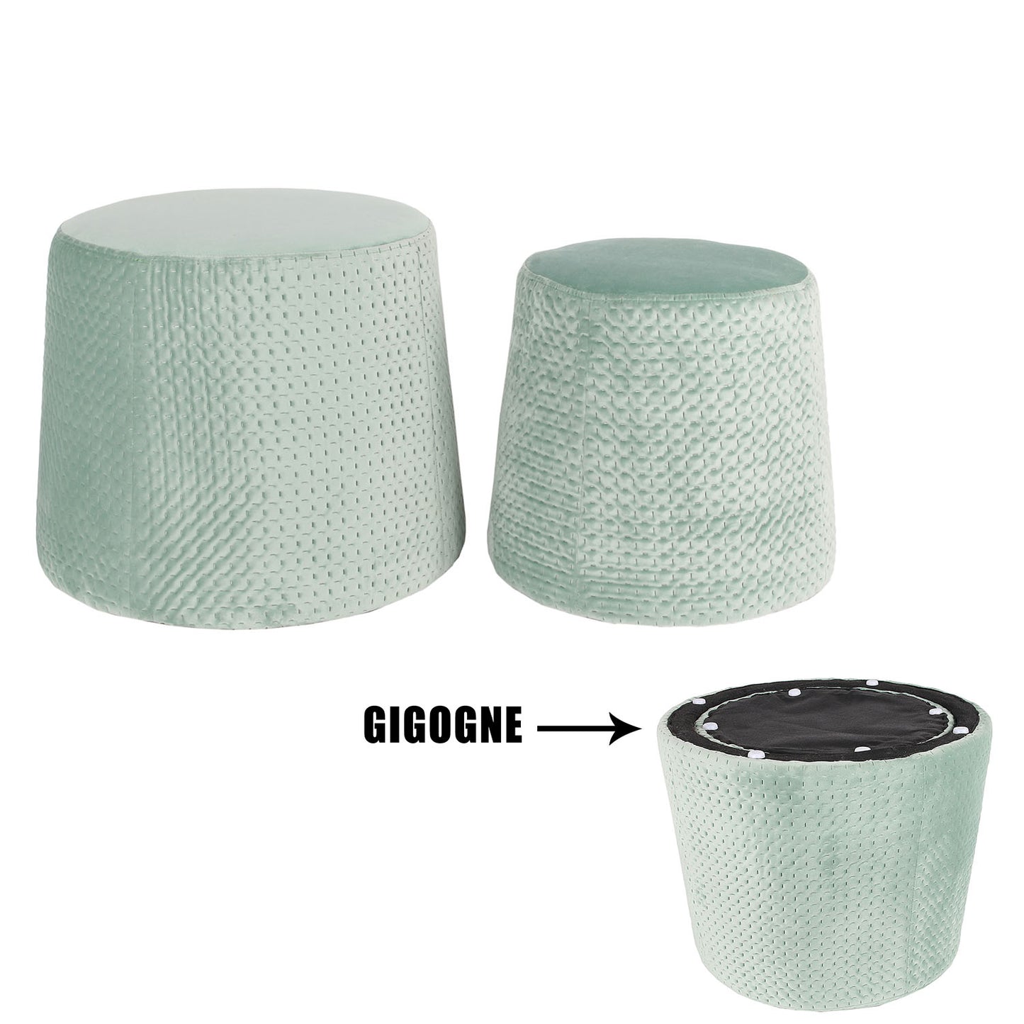 Pouf Gigogne Velours A Motif Vert D Eau X2