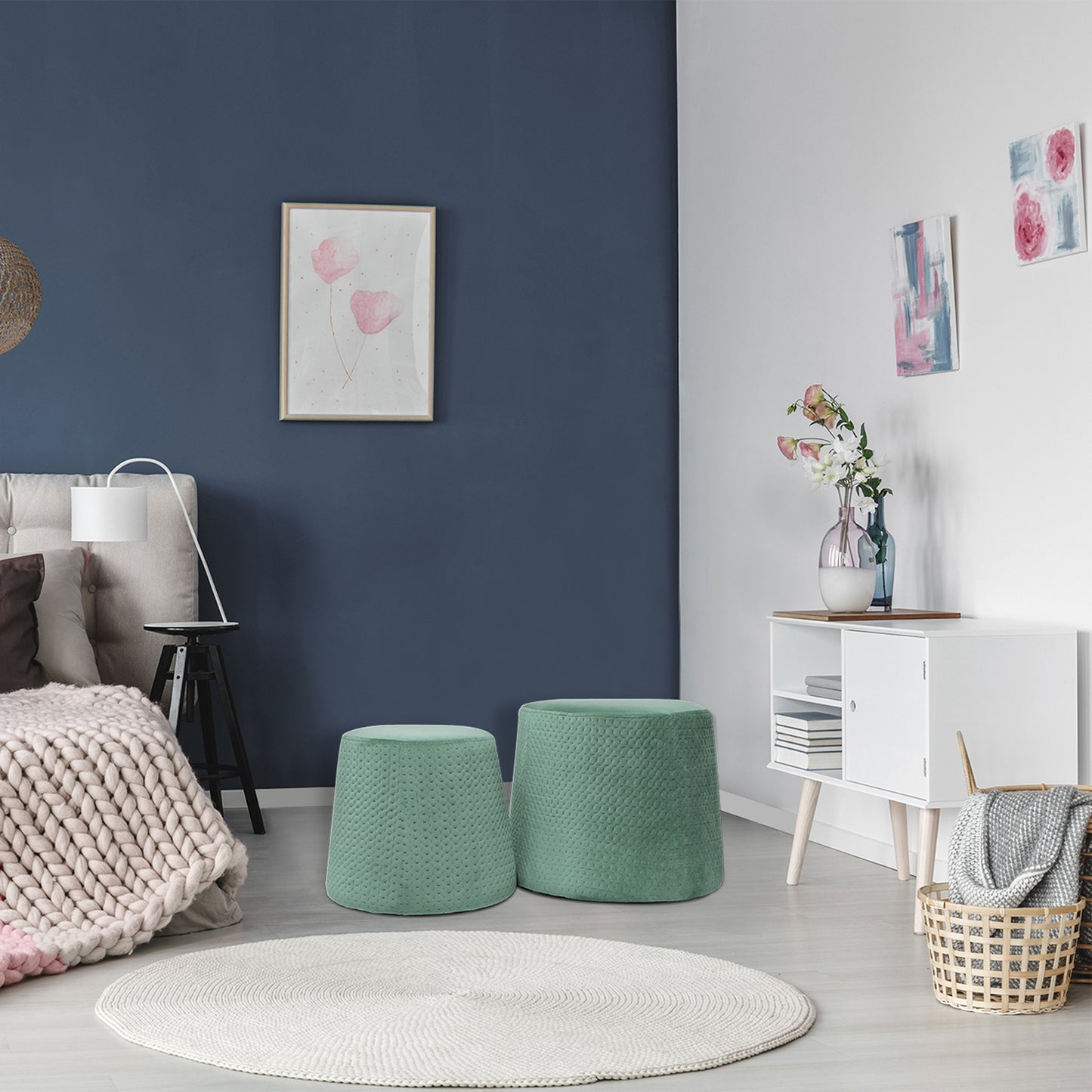 Pouf Gigogne Velours A Motif Vert D Eau X2