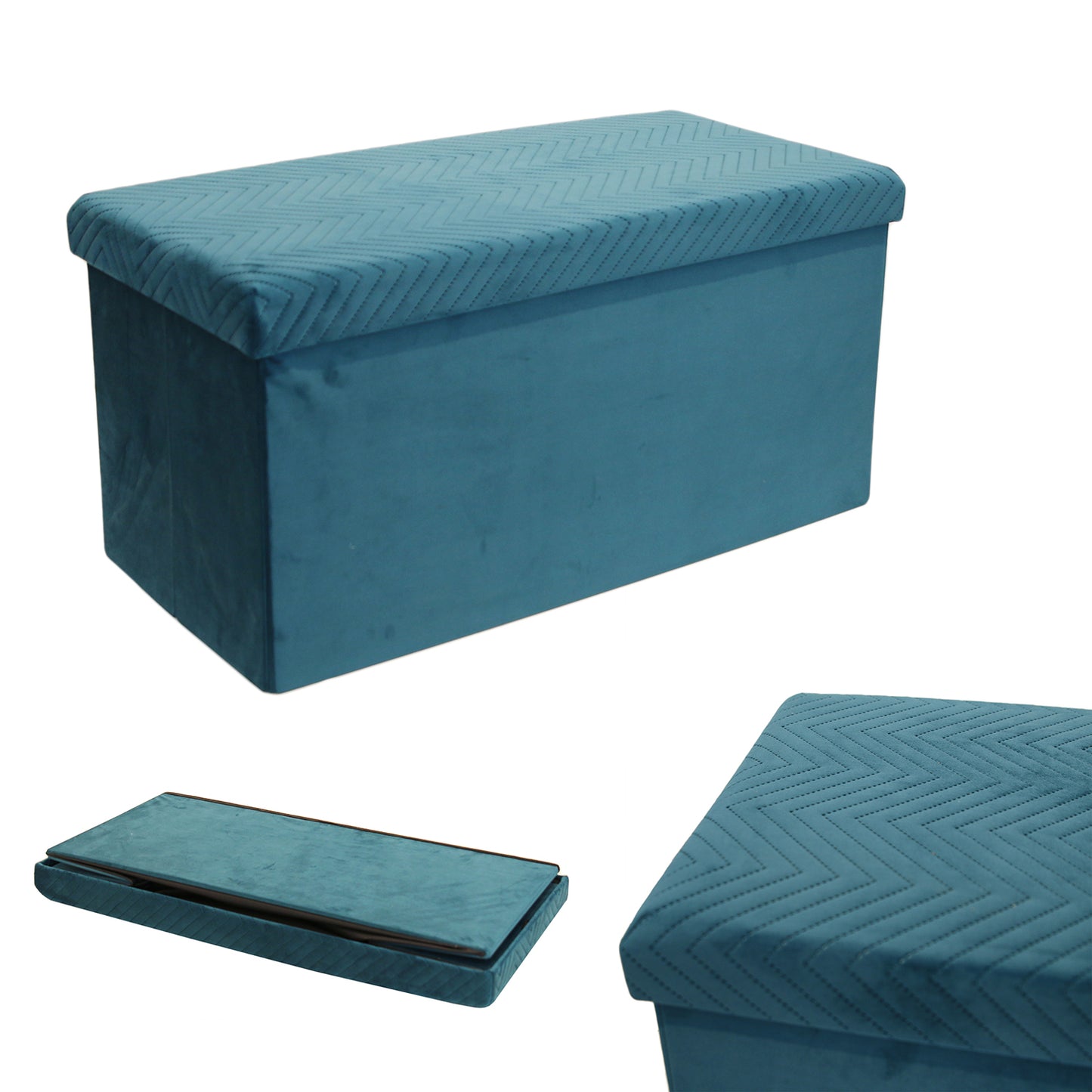 Coffre Banc Pliable Velours A Motif Bleu