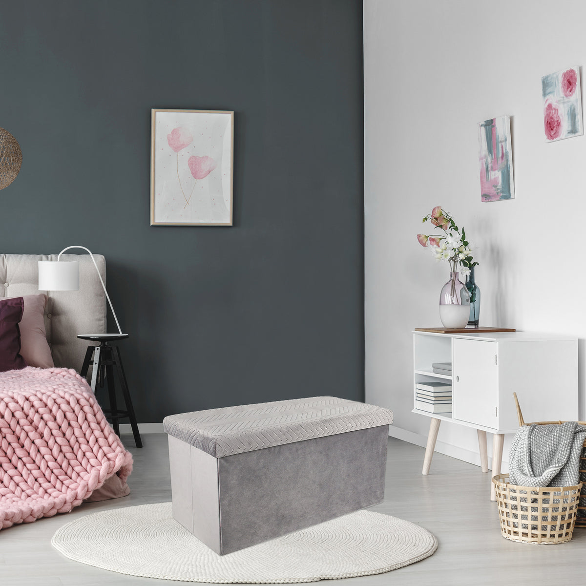 Coffre Banc Pliable Velours A Motif Gris