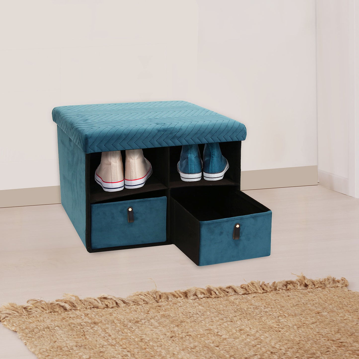 Banc Pliable Tiroir X2 Velours A Motif Bleu
