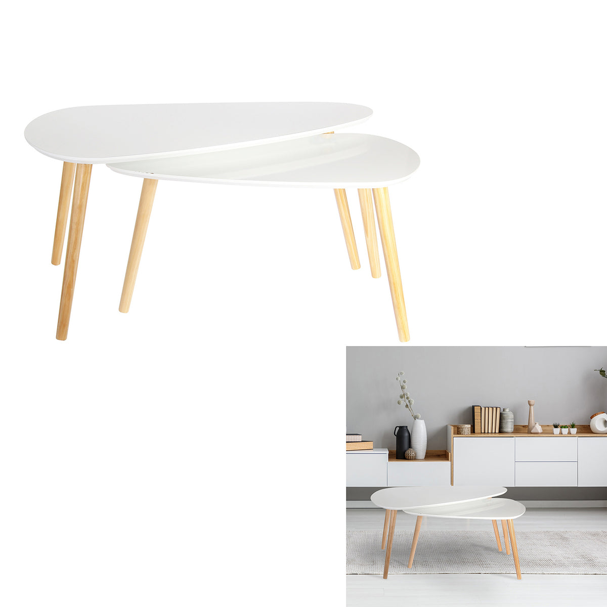 Table Gigogne Bois Galet Blanc X2