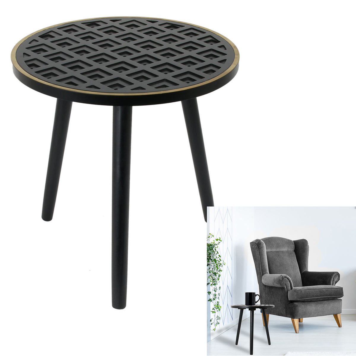 Table D Appoint Bois A Motif Noir Lisere Dore