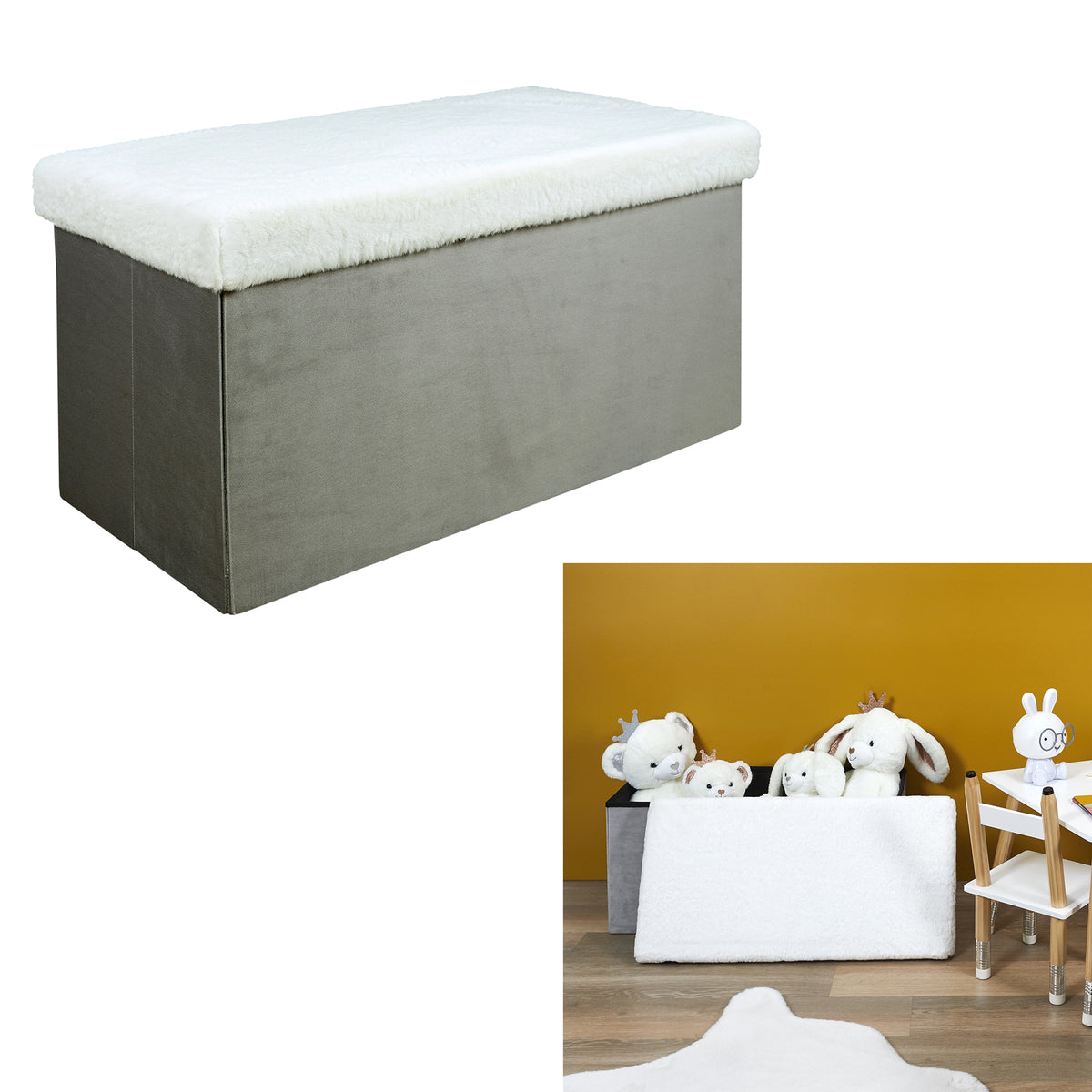 Coffre Banc Pliable Gris Imitation Fourrure Leo