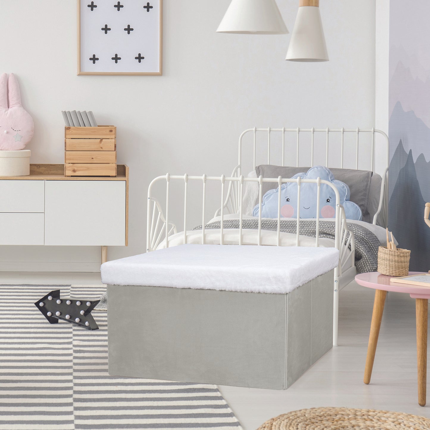 Coffre Banc Pliable Gris Imitation Fourrure Leo