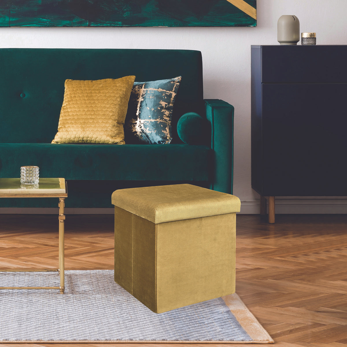 Coffre Pouf Pliable Velours Cotele Giulia Jaune
