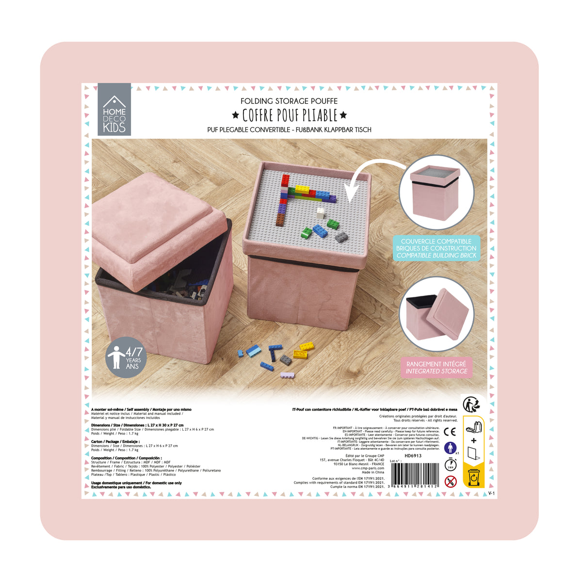 Coffre Pouf Pliable Compatible Brique Rose