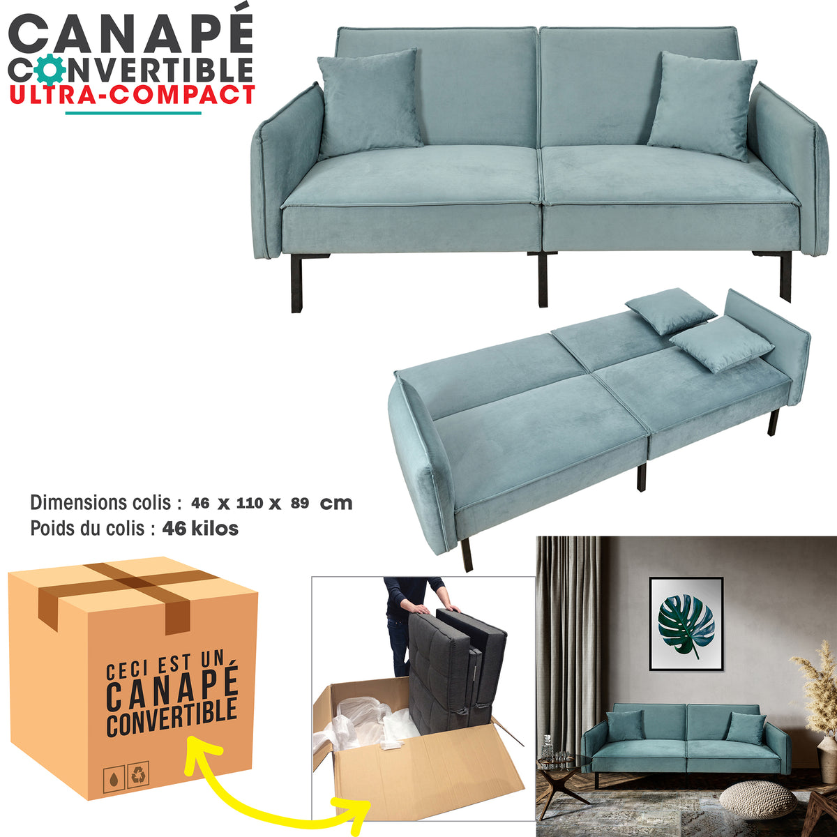 Canape Convertible Velours Vert De Gris