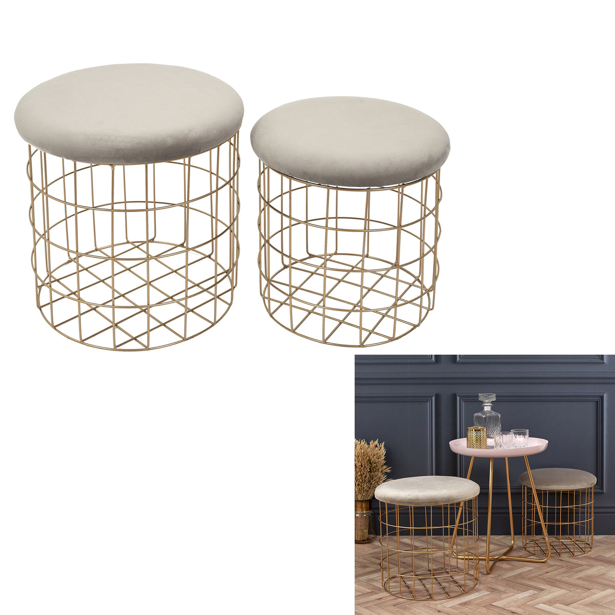 Pouf Gigogne Velours Taupe X2