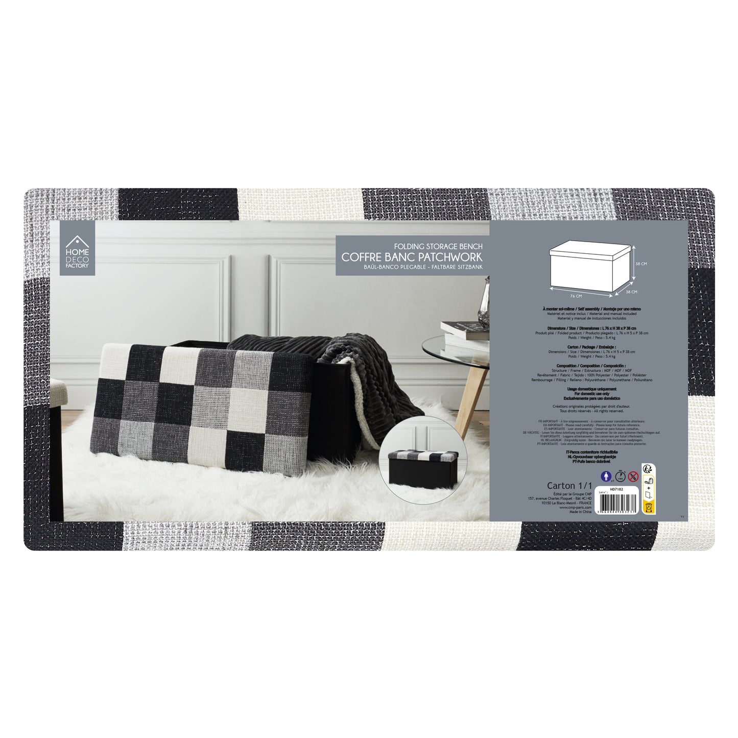 Coffre Banc Pliable Patchwork Gris