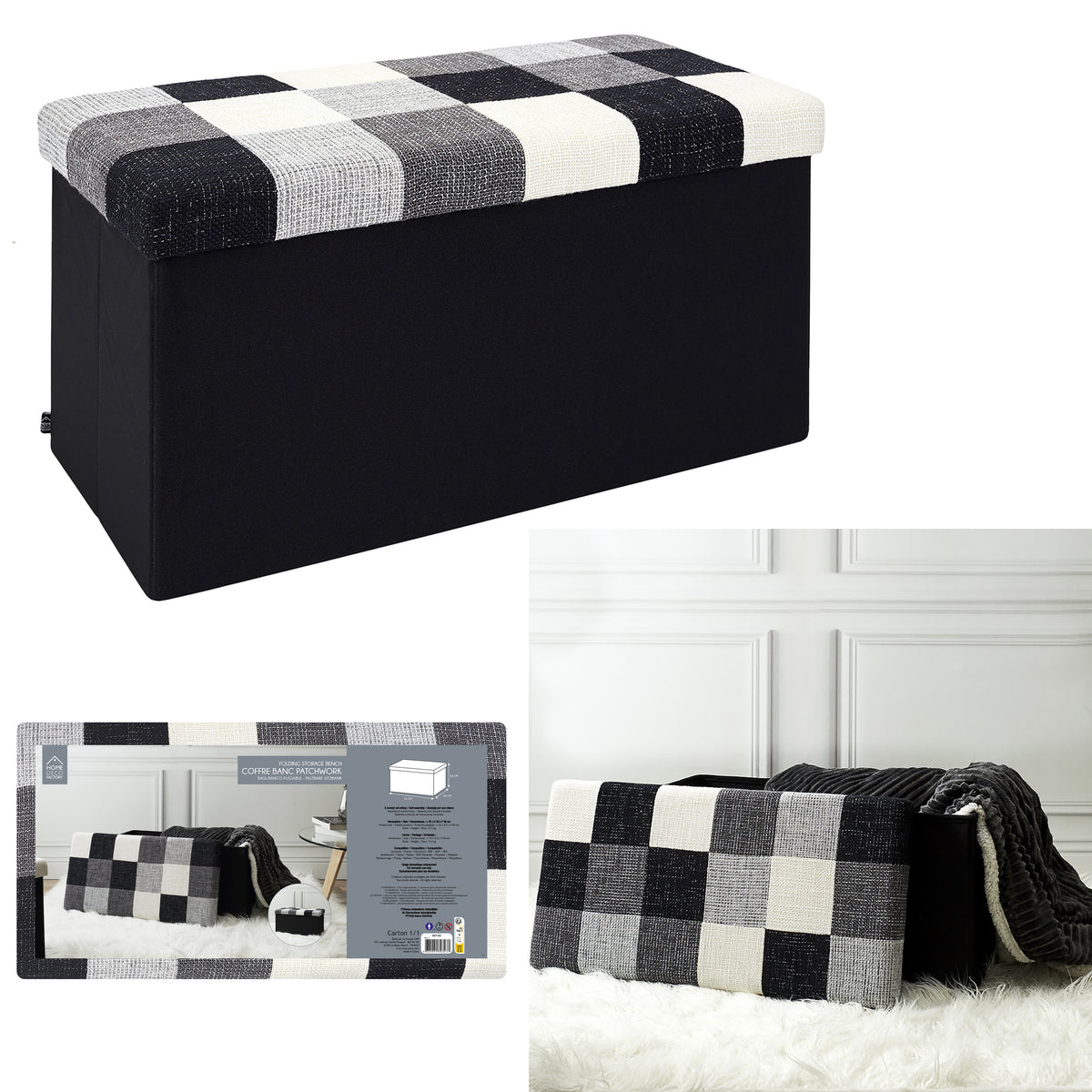 Coffre Banc Pliable Patchwork Gris