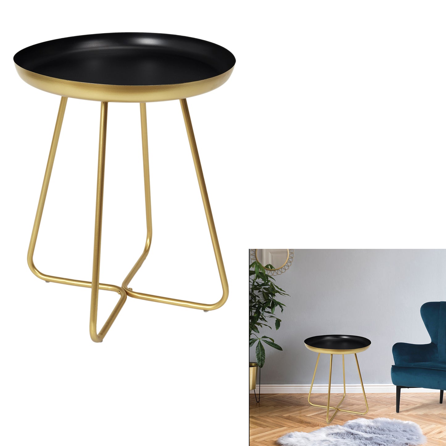 Table D Appoint Plateau Rond Noir Et Dore