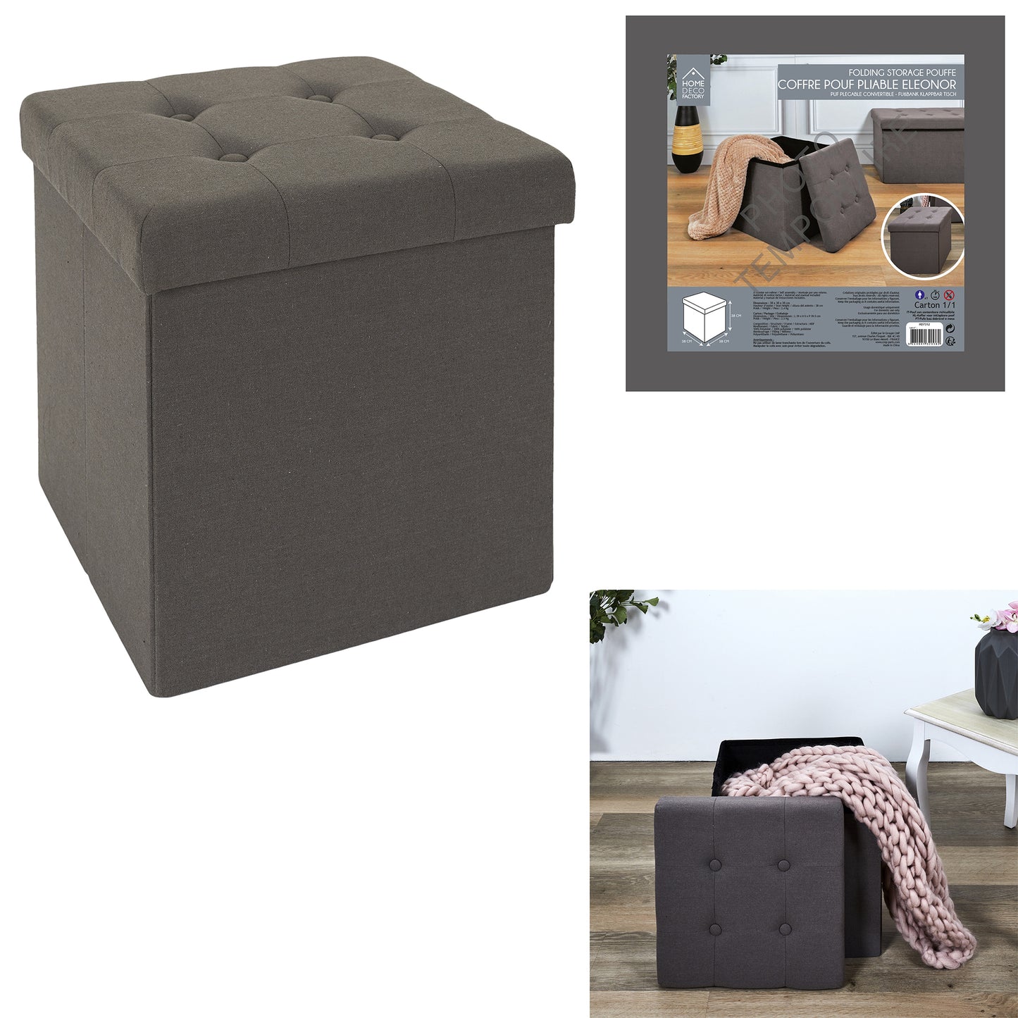 Coffre Pouf Pliable Eleonor Gris