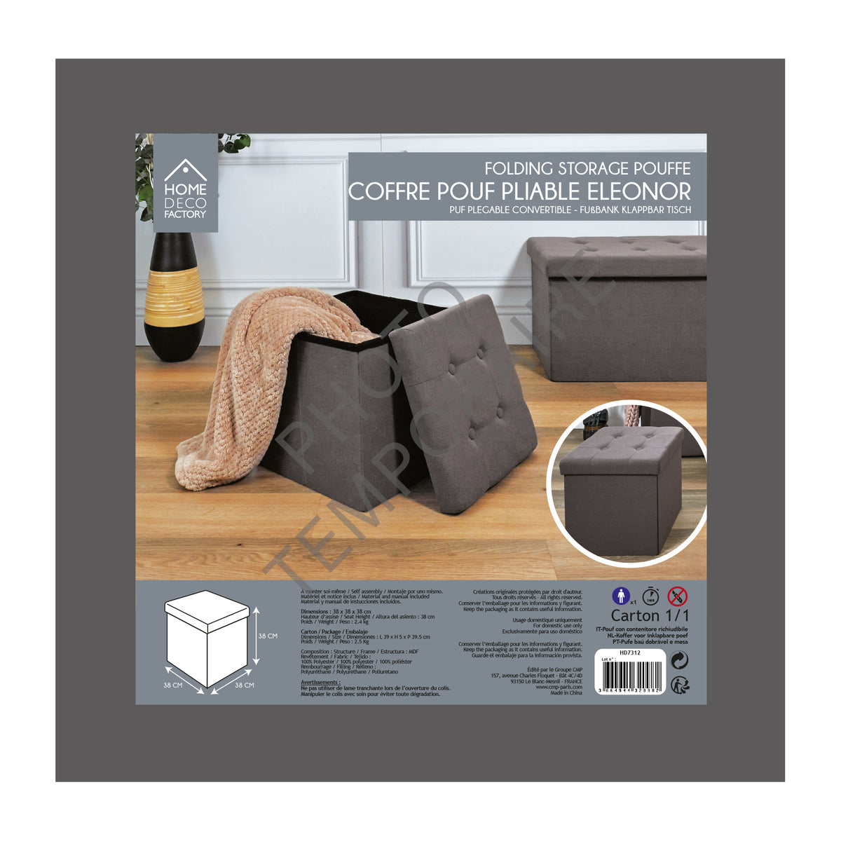 Coffre Pouf Pliable Eleonor Gris