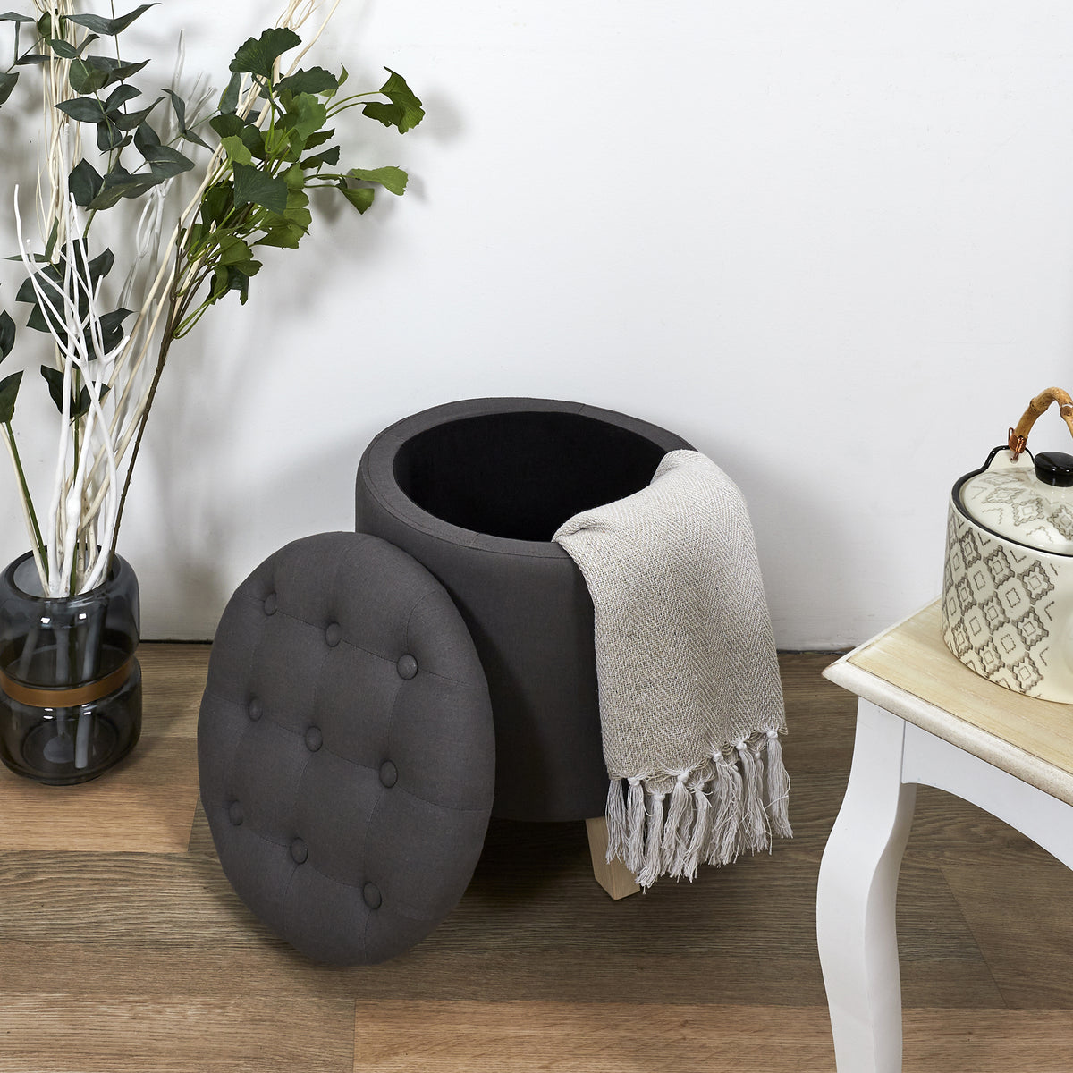 Coffre Pouf Rond Eleonor Gris