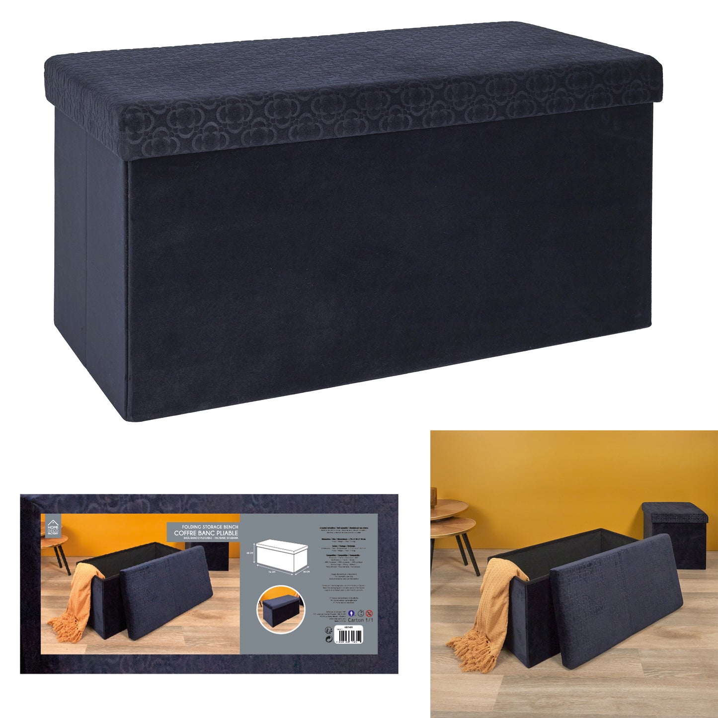Coffre Banc Pliable Retro Bleu Nuit