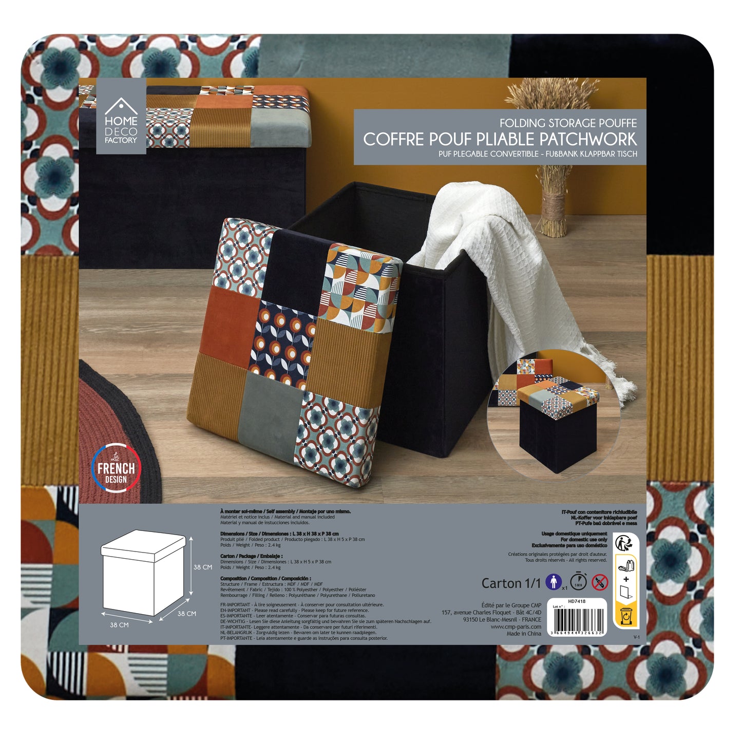 Coffre Pouf Pliable Patchwork Retro