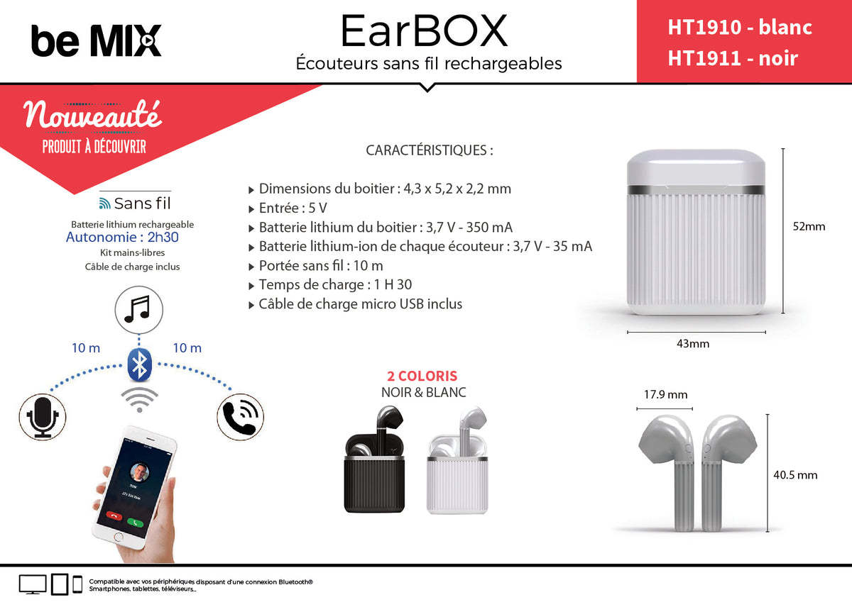 Ecouteurs Earbox Classique Sans Fil Noir