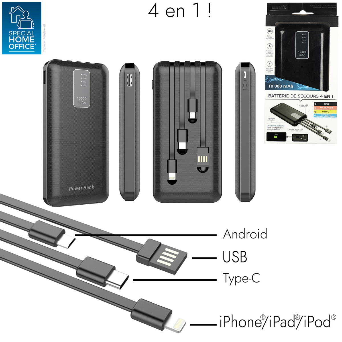 Batterie De Secours 4 En 1 10000 Mah