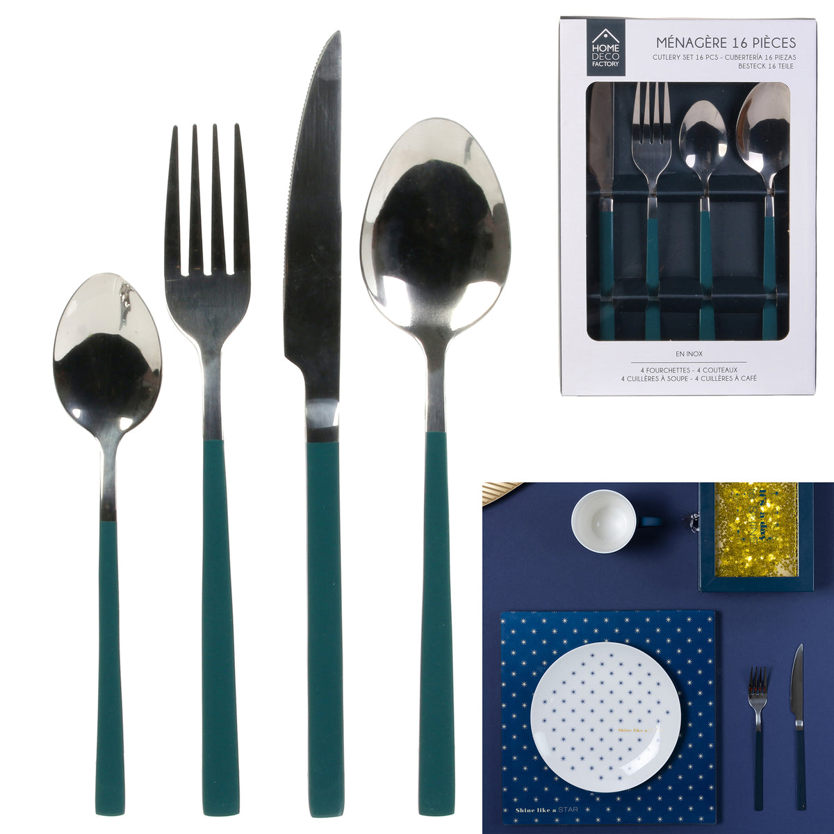 Menagere 16 Pieces Manche Vert Canard