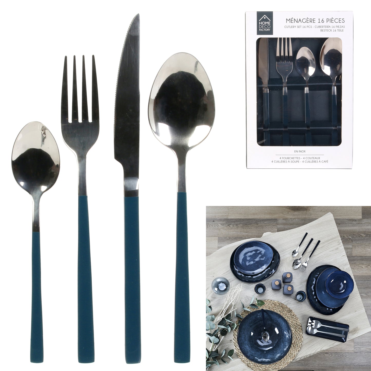 Menagere 16 Pieces Manche Bleu Marine