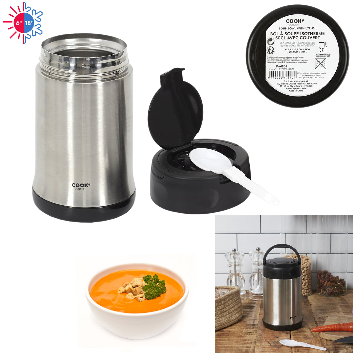 Bol A Soupe Isotherme Avec Couvert Inox 50Cl