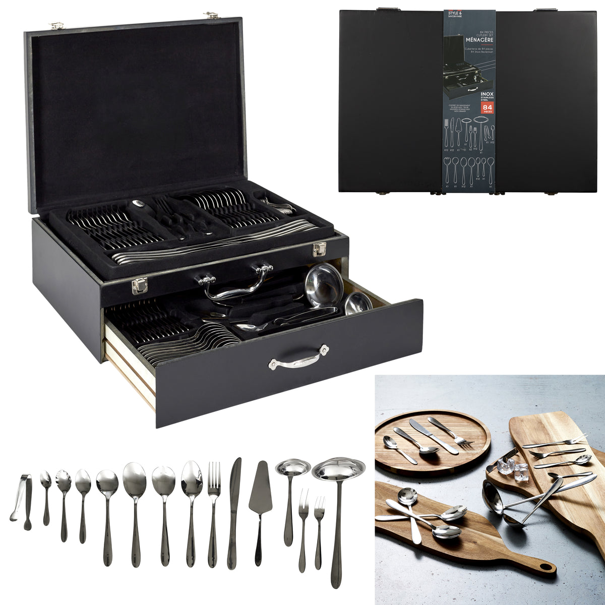 Menagere 84 Pieces Coffret En Bois Avec Tiroir