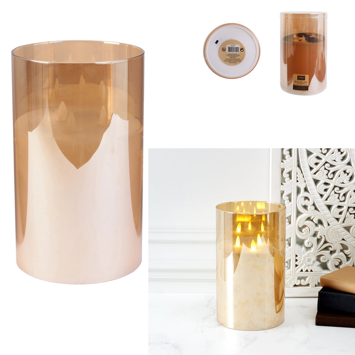 Bougie Led Verre Ambre 25X15Cm