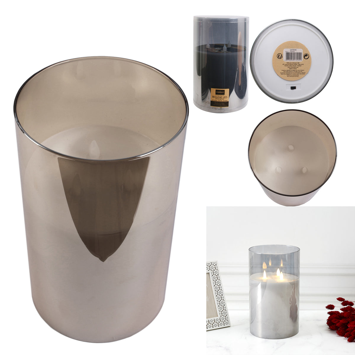 Bougie Led Verre Gris Fume 25X15Cm