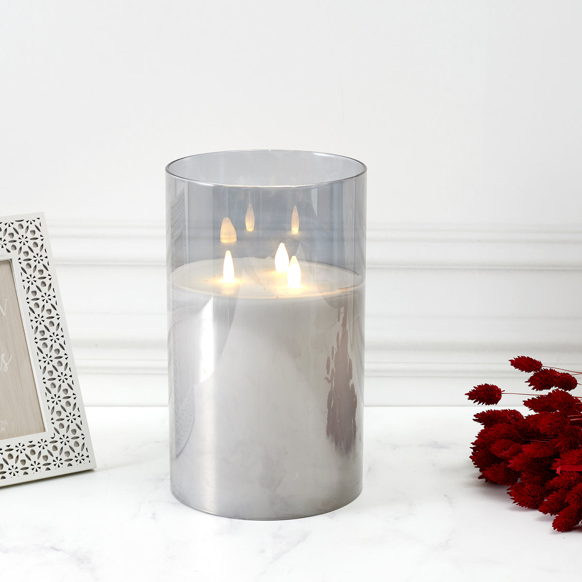 Bougie Led Verre Gris Fume 25X15Cm