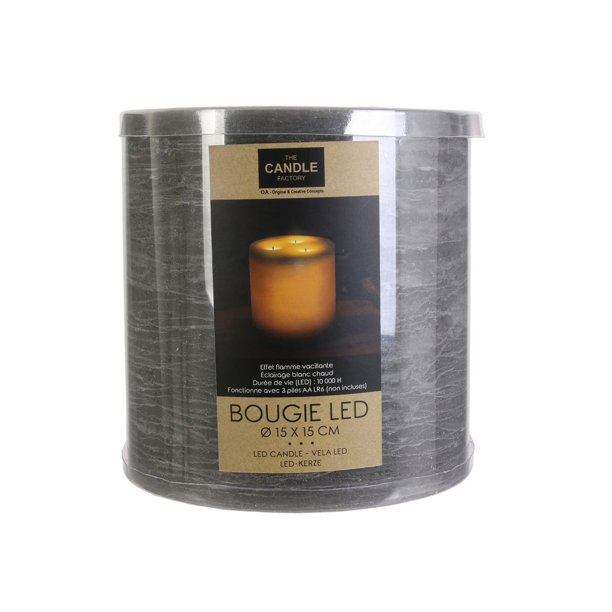 Bougie Led A 3 Meches Gris 15X15Cm