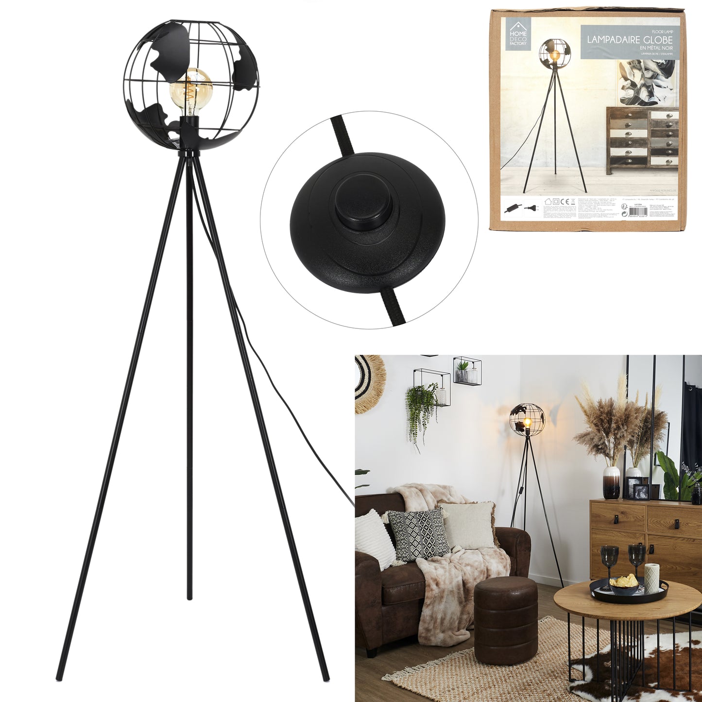 Lampadaire Metal Noir Globe