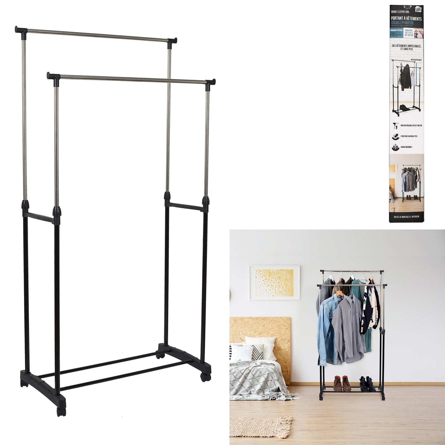 Portant Metal Roulette Double 80X43X160Cm