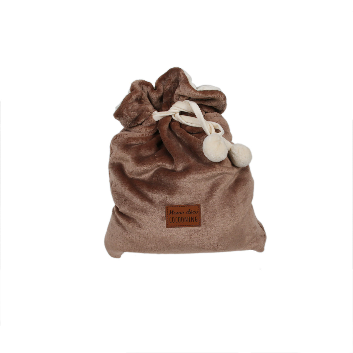 Plaid Pochon Flanelle Marron Ponpons 120X150Cm