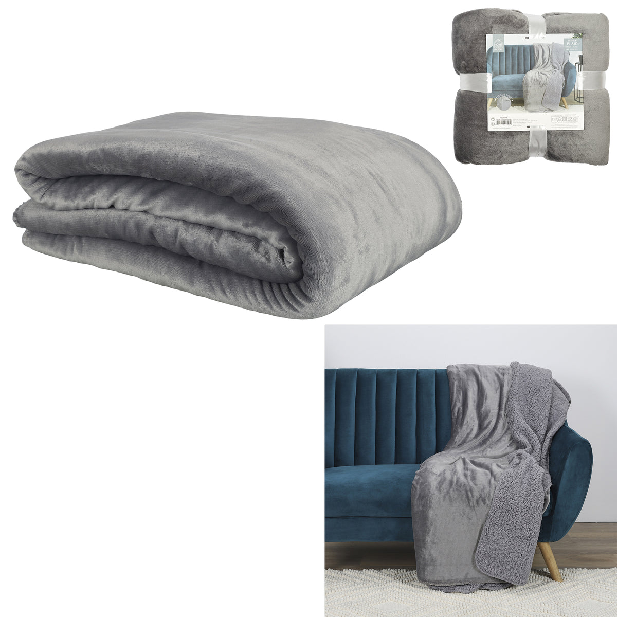 Plaid Flanelle Sherpa Gris Xxl 140X200Cm