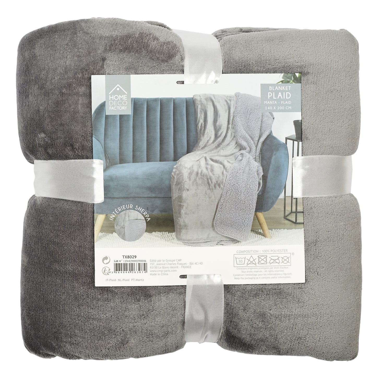 Plaid Flanelle Sherpa Gris Xxl 140X200Cm