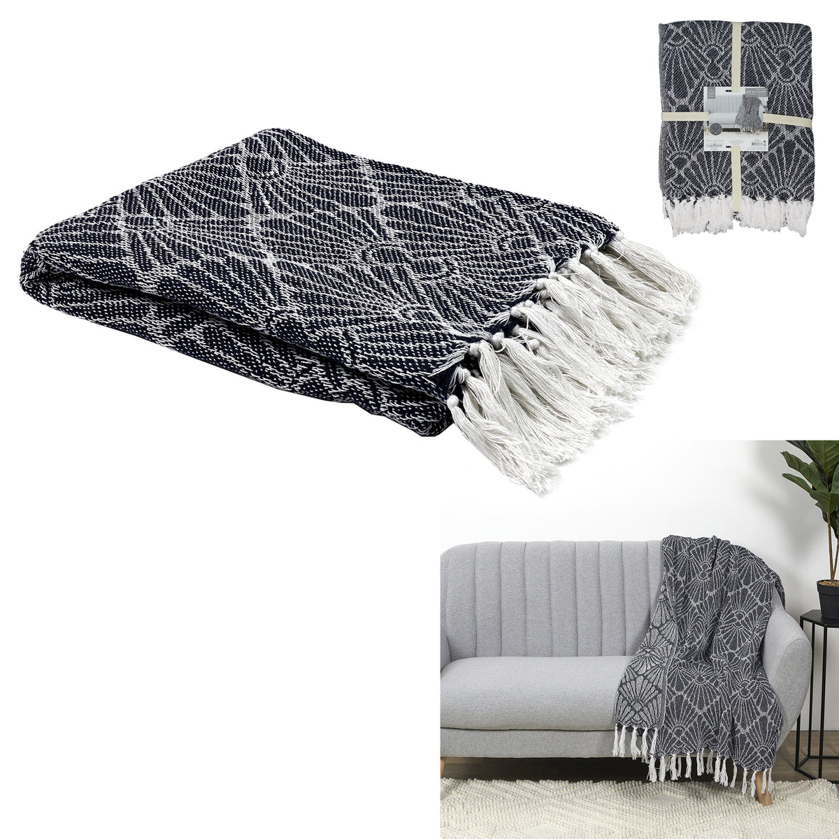 Plaid Jete Jacquard Geometrique Bleu 125X150Cm